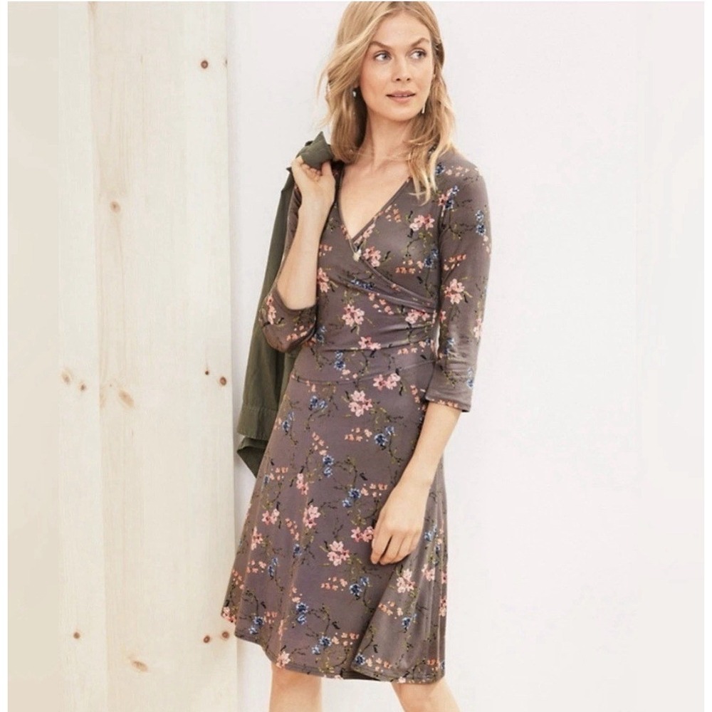 Garnet Hill Faux Wrap Knit Surplice Floral Brianna Dress Midi size Medium